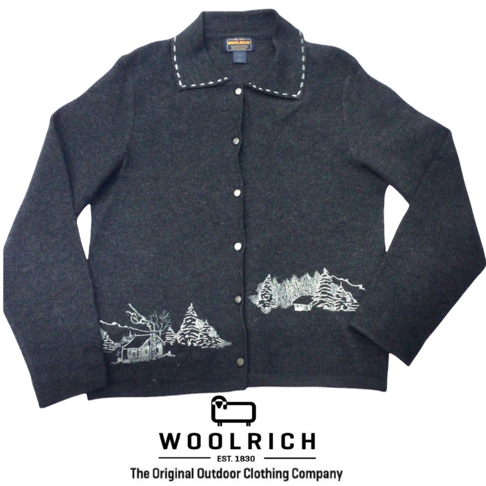 Woolrich Charcoal Gray Wool Cardigan White Embroidered Winter Landscape Sz L EUC